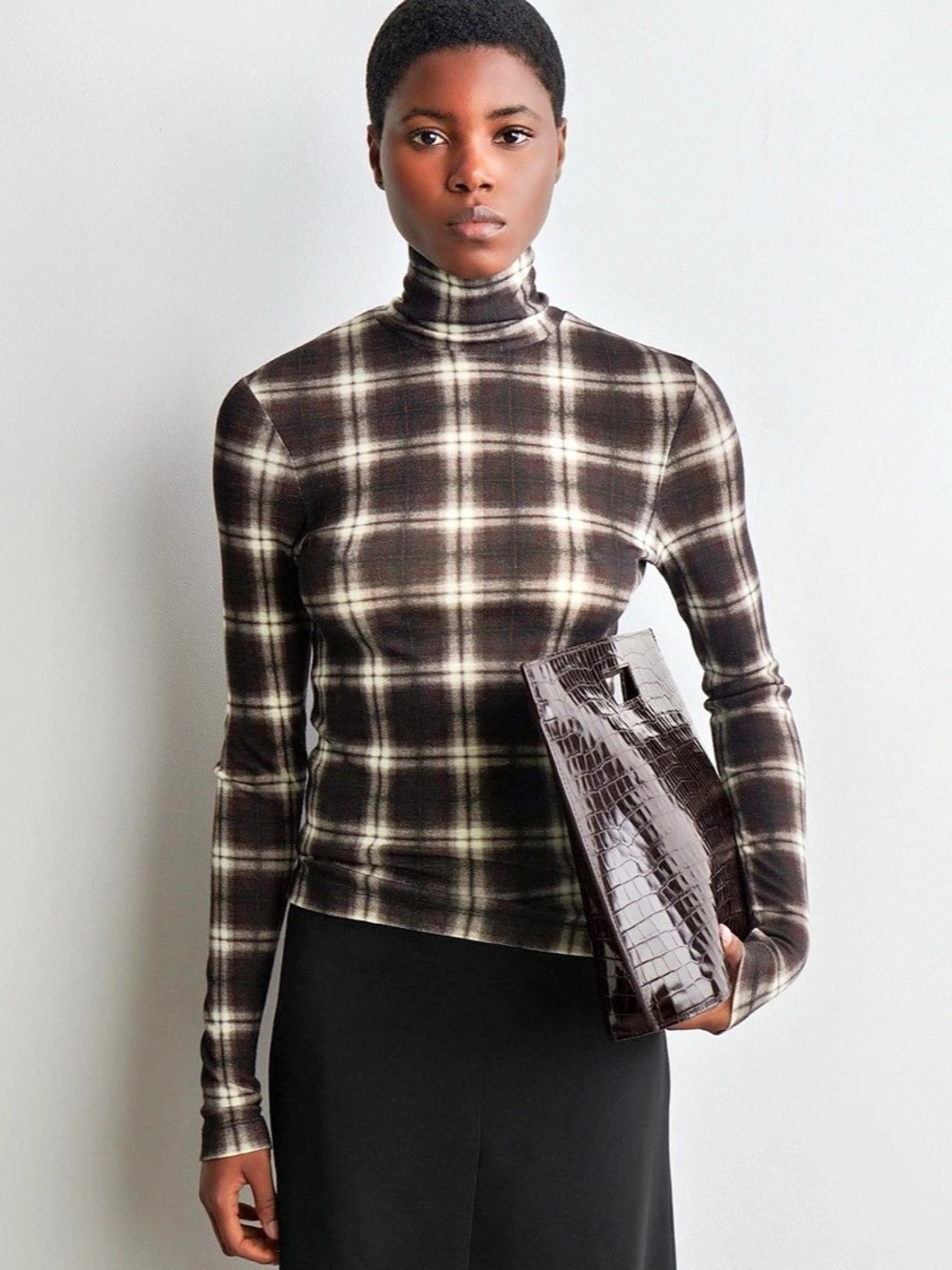 COS Plaid Turtleneck Long Sleeve Top in Brown & White